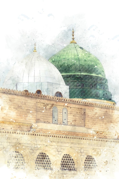 watercolor painting sketch of a green mosque with a green dome prophet mosque in medina saudi arabia