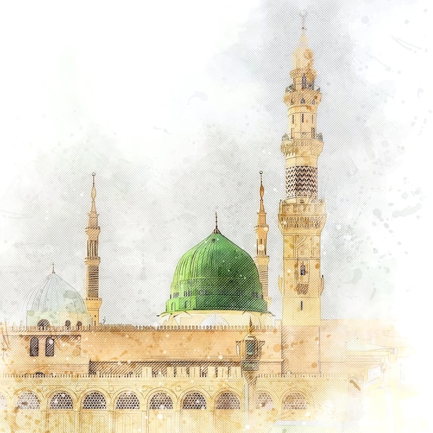 watercolor painting sketch of a green mosque with a green dome prophet mosque in medina saudi arabia