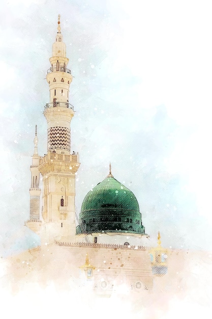 watercolor painting sketch of a green mosque with a green dome prophet mosque in medina saudi arabia