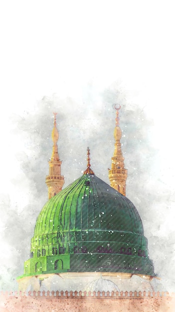 watercolor painting sketch of a green mosque with a green dome prophet mosque in medina saudi arabia