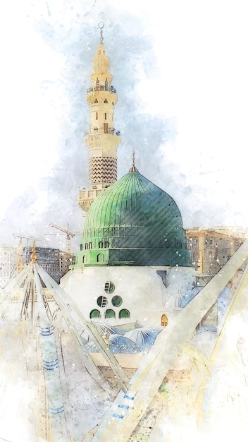 watercolor painting sketch of a green mosque with a green dome prophet mosque in medina saudi arabia