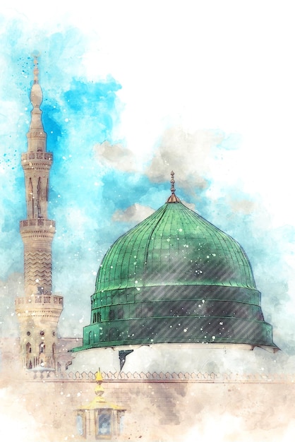 watercolor painting sketch of a green mosque with a green dome prophet mosque in medina saudi arabia