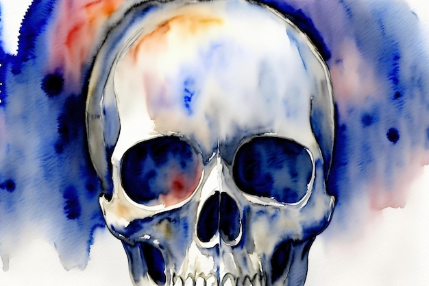 A Watercolor Painting Of A Skull On A White Background