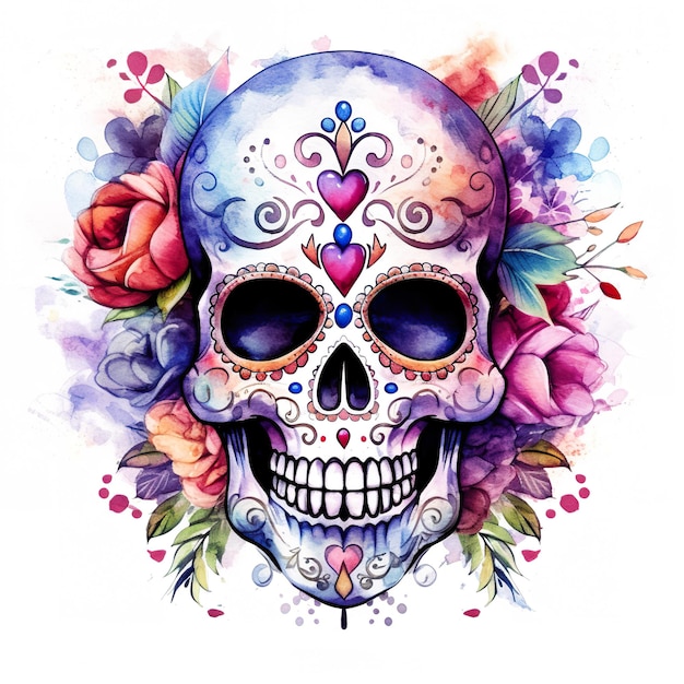 A watercolor painting of a skull with flowers generative ai image