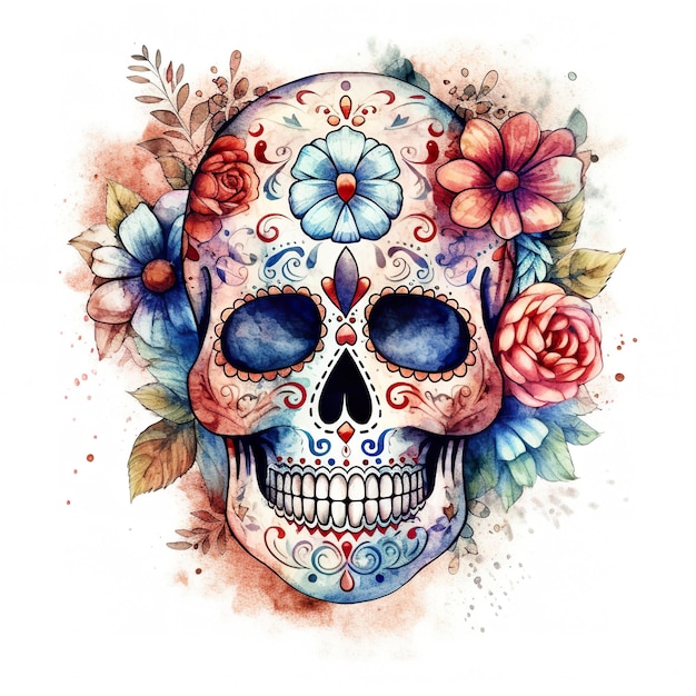 A watercolor painting of a skull with flowers generative ai image