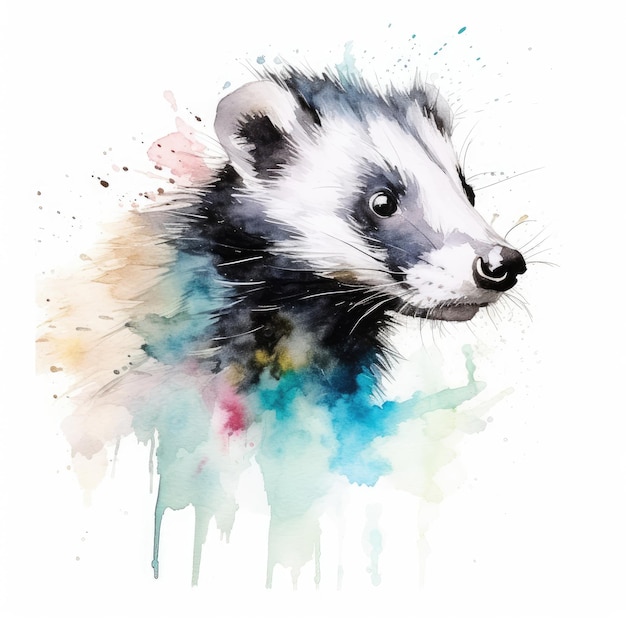 Watercolor painting of skunk with white background