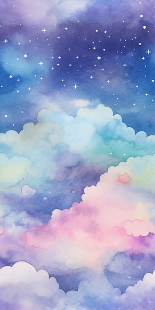 A watercolor painting of a sky with clouds and stars.