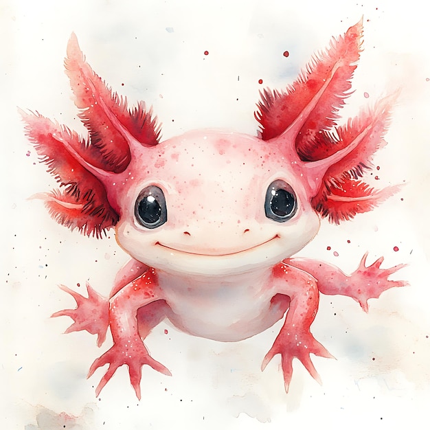 Watercolor Painting of a Smiling Axolotl with Red Gills