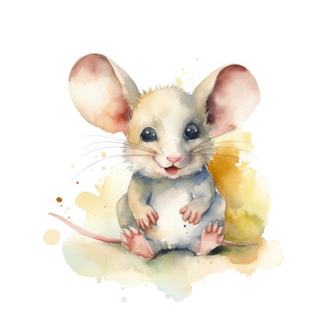 Watercolor painting of a smiling baby mouse soft colors like in a children's book on white background generat ai