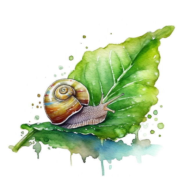 A watercolor painting of a snail on a leaf Generative AI image