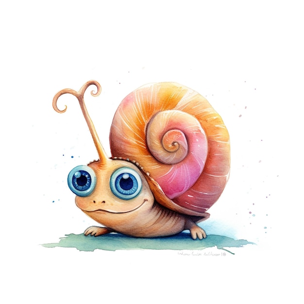 A watercolor painting of a snail with blue eyes.