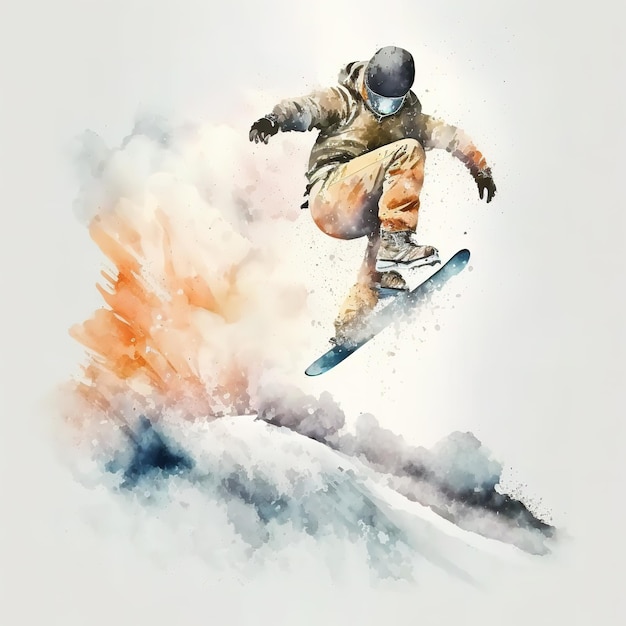 A watercolor painting of a snowboarder in mid air.