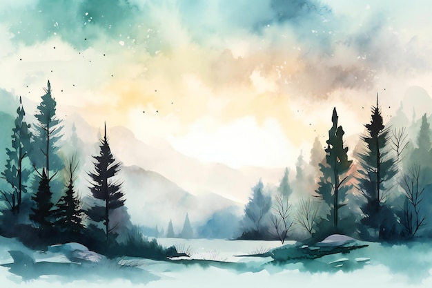 A watercolor painting of a snowy landscape with a snowy landscape and trees.