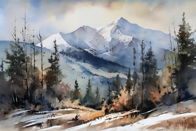 A watercolor painting of a snowy mountain landscape.