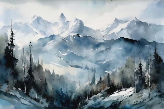 A watercolor painting of a snowy mountain landscape.