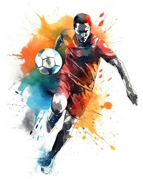 A watercolor painting of a soccer player kicking a ball.