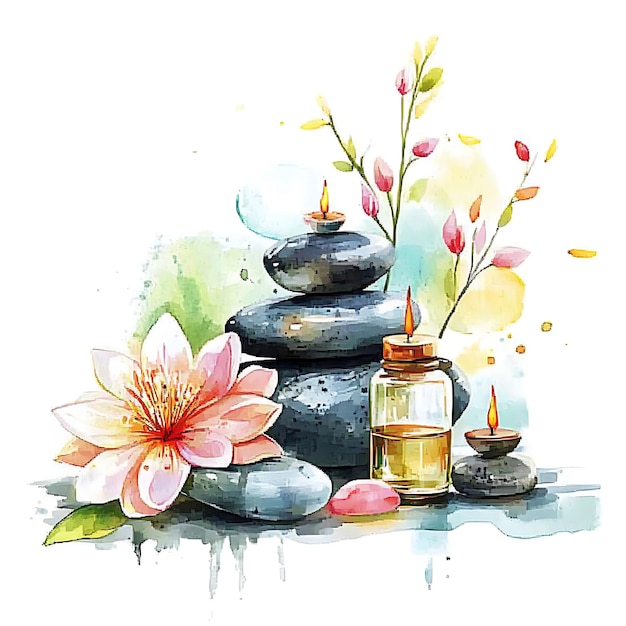 Photo watercolor painting of spa items stones flowers and candles