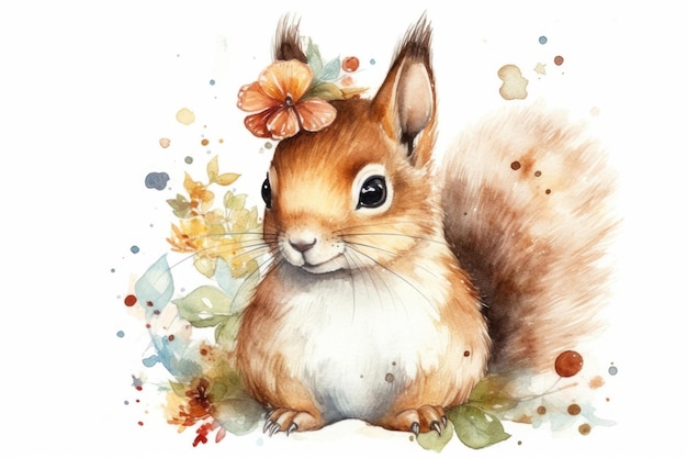 A watercolor painting of a squirrel with flowers.