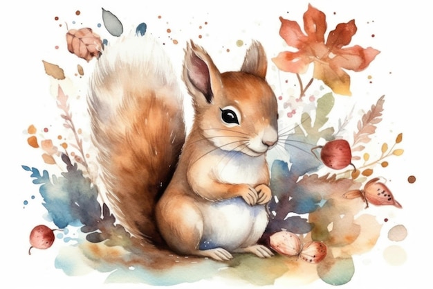 A watercolor painting of a squirrel with a painted background.