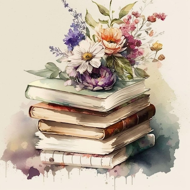 A watercolor painting of a stack of books with flowers on top.