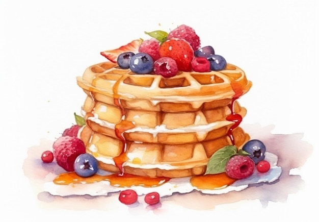 A watercolor painting of a stack of waffles with berries and syrup.