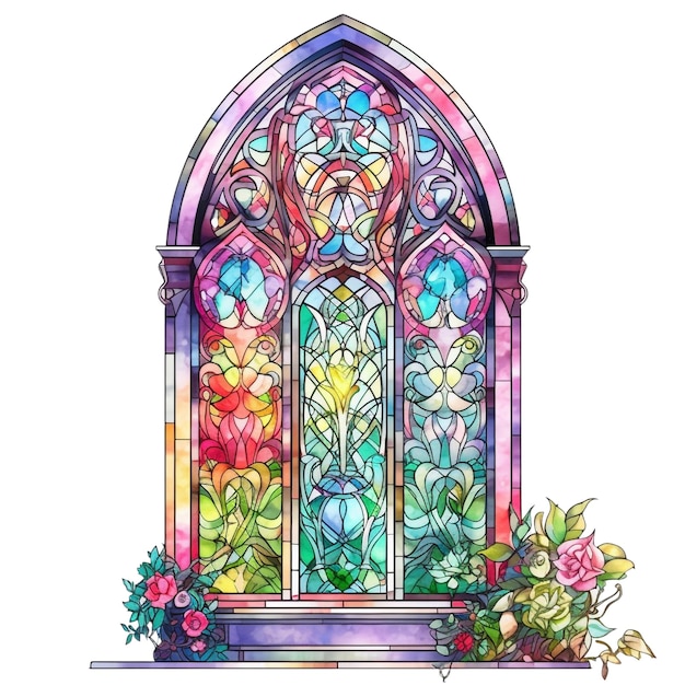 A watercolor painting of a stained glass window with roses.