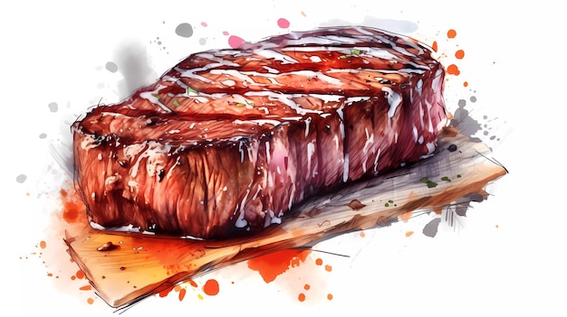 A watercolor painting of a steak with a gravy on it.