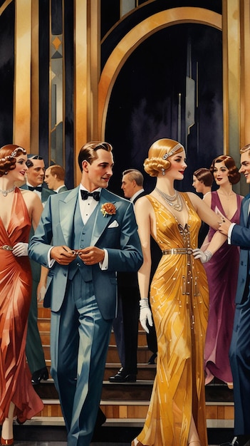 Watercolor Painting Step into the dazzling world of art deco fashion with this lively illustration