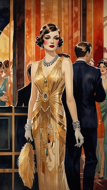 Watercolor Painting Step into the dazzling world of art deco fashion with this lively illustration