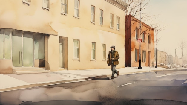 Watercolor Painting Of Steven Walking On The Sidewalk