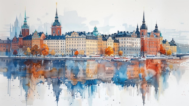 Watercolor Painting of Stockholms Skyline With Reflections in Calm Water