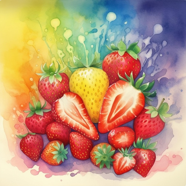 A watercolor painting of strawberries and other fruit