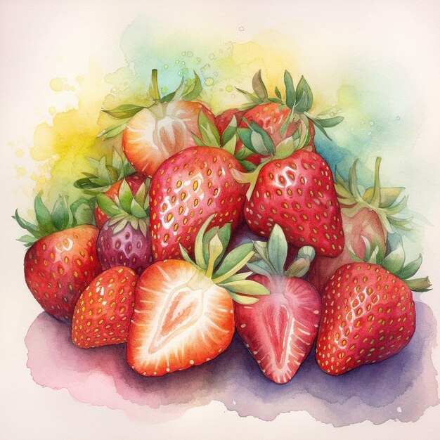 A watercolor painting of strawberries on a pink background.