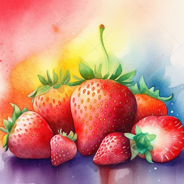 Watercolor painting of strawberries and a rainbow.