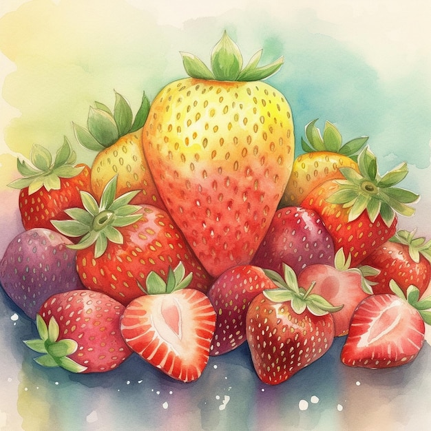 A watercolor painting of strawberries and a strawberry