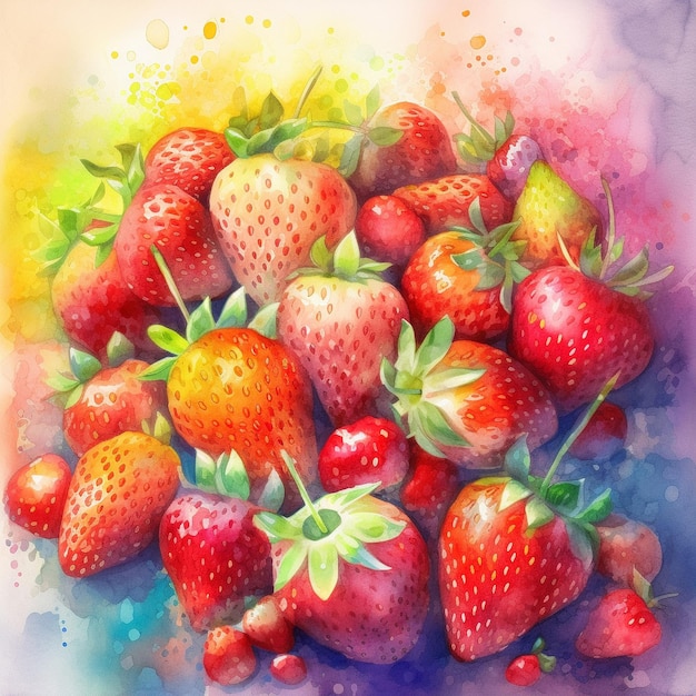 A watercolor painting of strawberries with green leaves and red berries.