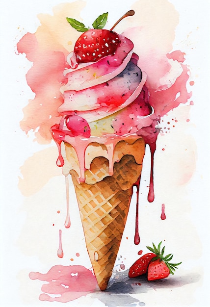 Watercolor painting of a strawberry ice cream