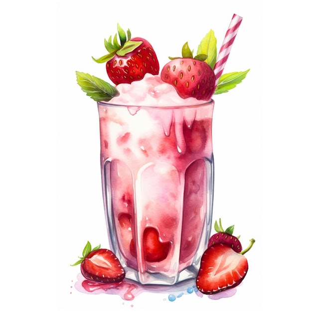 A watercolor painting of a strawberry milkshake with strawberries and a red and white striped strawberries.