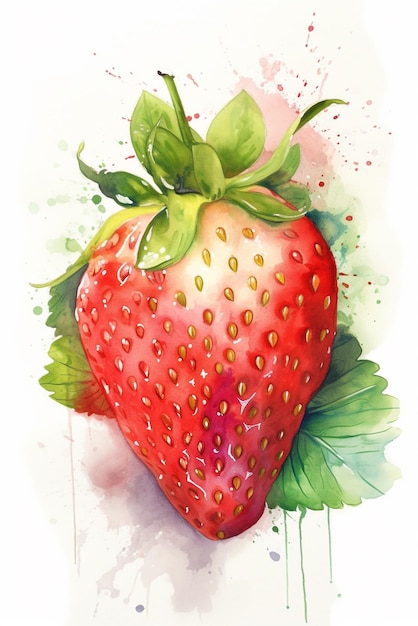 A watercolor painting of a strawberry with green leaves.