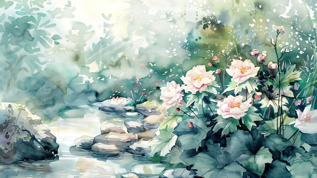 A watercolor painting of a stream flowing through a forest with pink flowers