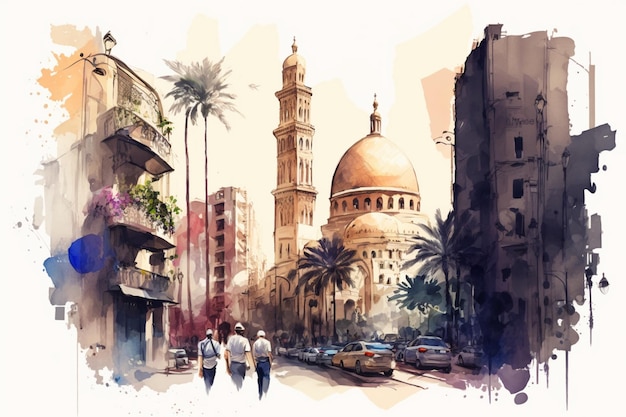 A watercolor painting of a street scene in cairo