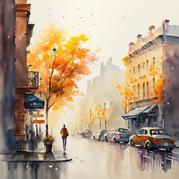 Watercolor painting of a street scene in the rain