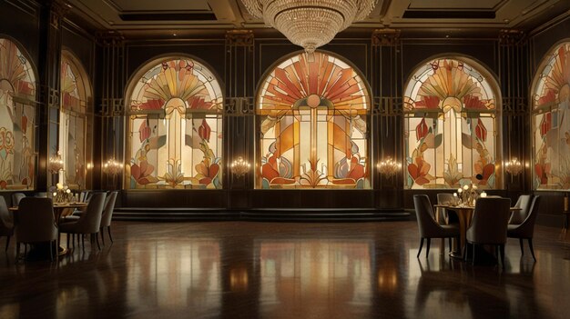 Photo watercolor painting a stunning art deco mural adorns the walls of a grand ballroom the mural showcas