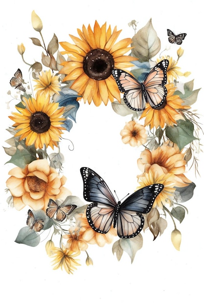 A watercolor painting of a sunflower and butterflies.