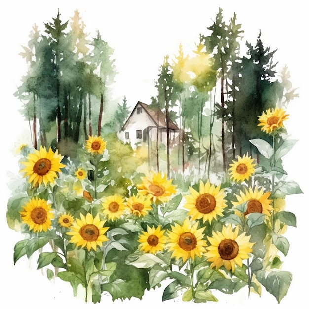 Watercolor painting of a sunflower garden