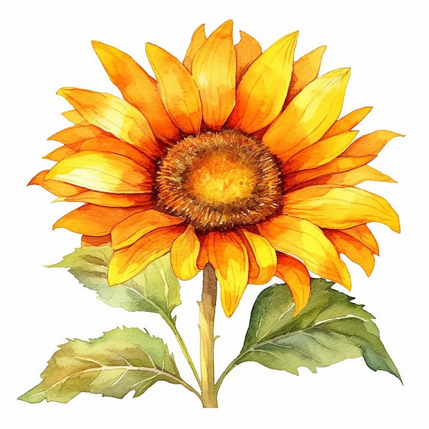 A watercolor painting of a sunflower with a green leaf.