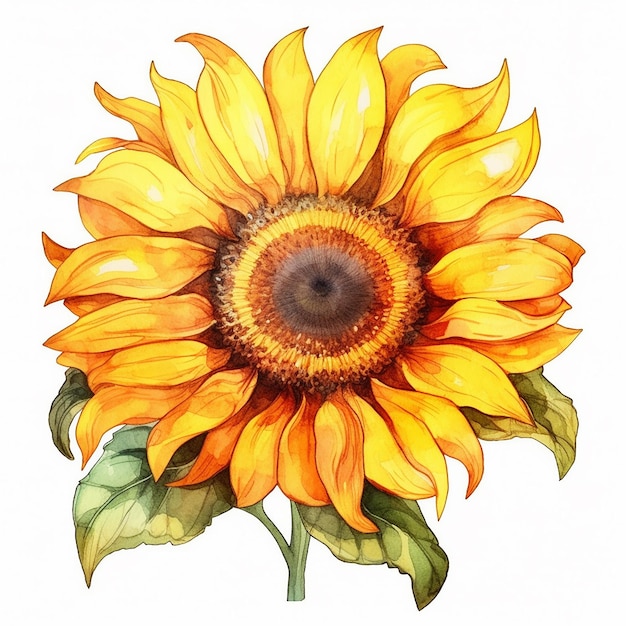 A watercolor painting of a sunflower with a green leaf.