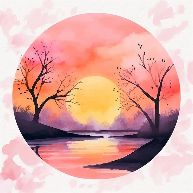 Watercolor painting of a sunset by the lake with a tree and a lake in the foreground.