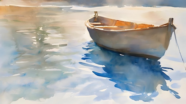 a watercolor painting of a sunset with boats in the water