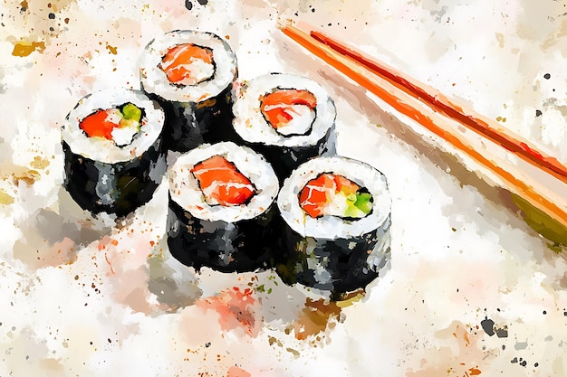 Watercolor Painting of Sushi Rolls with Chopsticks